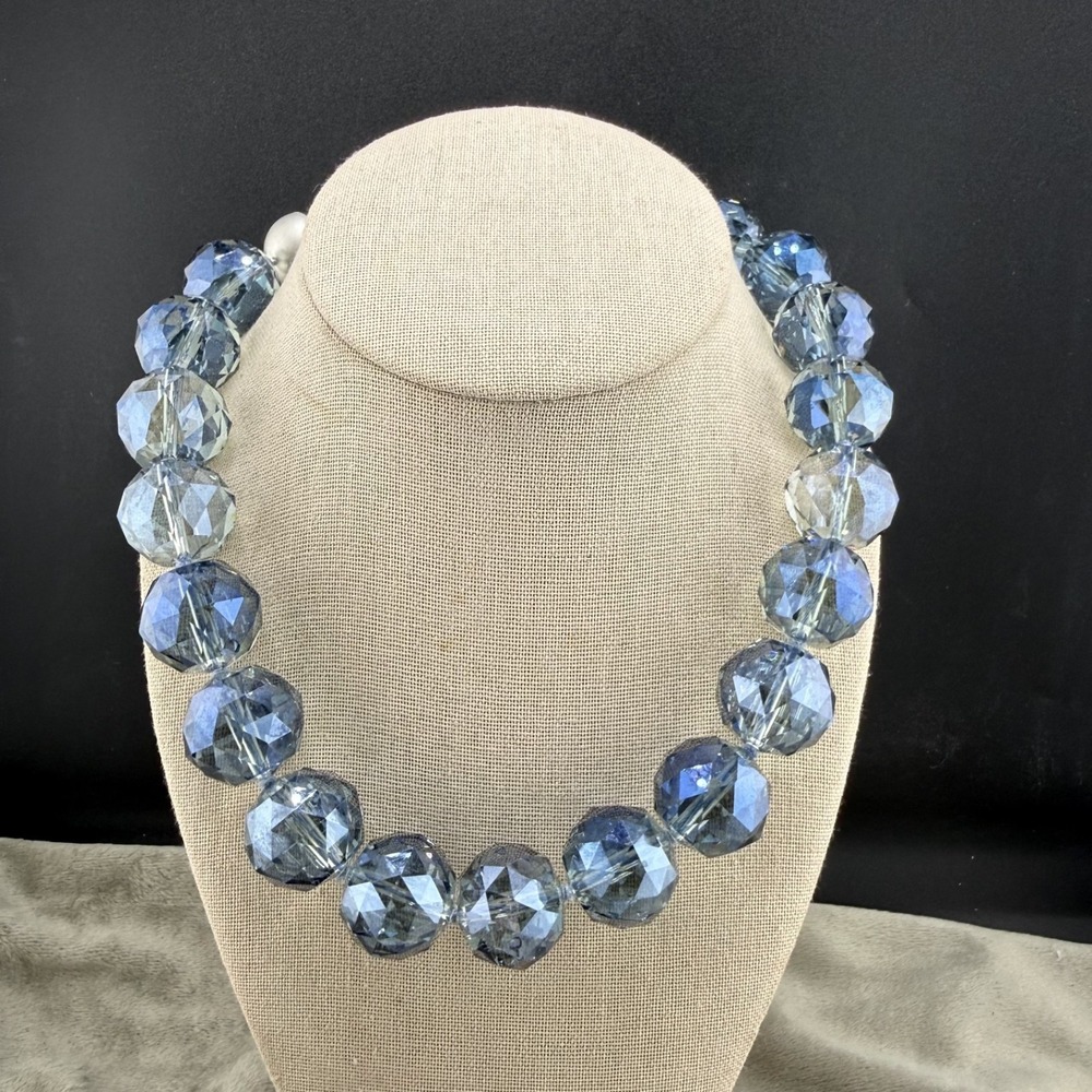 Vintage Glass Necklace Blue Chunky AB Glass HEAVY Nanni Statement Runway 18"